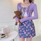 Long-sleeve Plain Cardigan / Plain Camisole Top / Floral Mini Skirt
