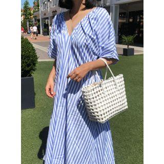 Balloon-sleeve Stripe Long Flare Dress