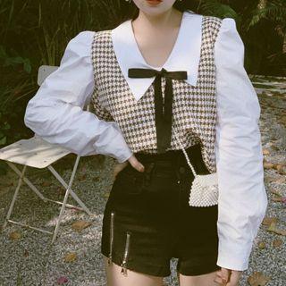 Bow-neck Houndstooth Panel Blouse