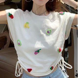 Fruit Embroidered Drawstring Cropped T-shirt Fruit - White - One Size