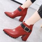 Faux Leather Chunky Heel Pointed Short Boots