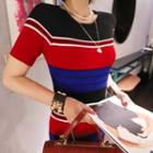 Short-sleeve Color Block Striped Knit Sheath Dress Stripe - Black & Red & Blue - One Size