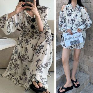 Long-sleeve Cold-shoulder Floral Print Blouse / Set: Long-sleeve Floral Print Dress + Slipdress