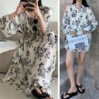 Long-sleeve Cold-shoulder Floral Print Blouse / Set: Long-sleeve Floral Print Dress + Slipdress