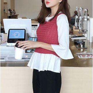 Set: Bell Sleeve Top + Cropped Knit Vest