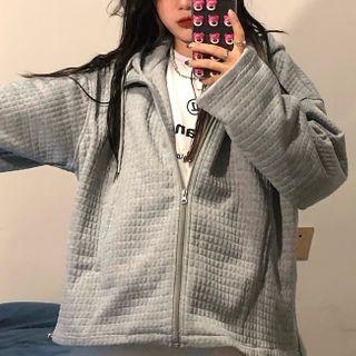 Plain Zip Hooded Sweatshirt Gray - One Size