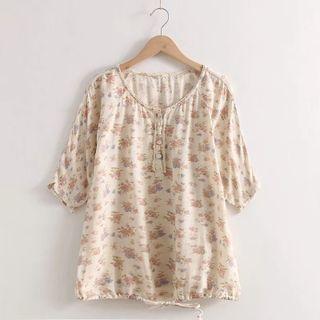 Short-sleeve Floral Loose-fit Blouse Almond - One Size