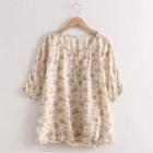Short-sleeve Floral Loose-fit Blouse Almond - One Size