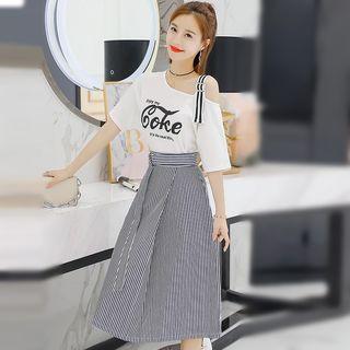 Set: Cutout Top + Striped A-line Skirt