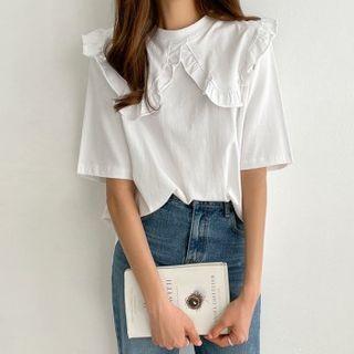 Elbow-sleeve Frill-neck Top
