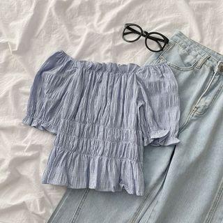 Short-sleeve Ruched Blouse Blue - One Size