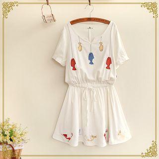 Fish Appliqu  Short-sleeve Drawstring Waist Dress