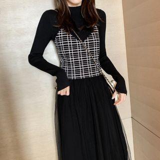 Set: Mesh Overlay Knit Midi A-line Dress + Camisole Top