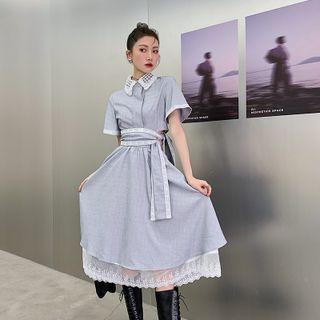Elbow-sleeve Lace Hem Midi A-line Shirtdress