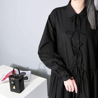 Plain Bow Elbow-sleeve Dress