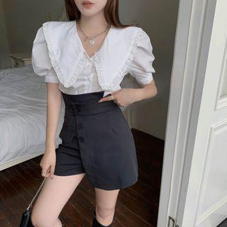 Puff-sleeve Wide-collar Frill Trim Blouse / Wide Leg Shorts