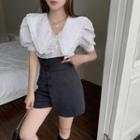 Puff-sleeve Wide-collar Frill Trim Blouse / Wide Leg Shorts