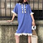 Elbow-sleeve Frill Trim Crinkled Dress