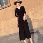 Elbow-sleeve Half-button Midi A-line Dress