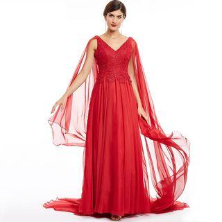 V-neck Lace Appliqued Evening Dress