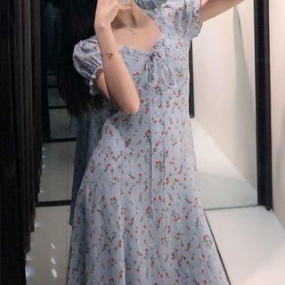 Floral Print Open-back Short-sleeve Midi A-line Dress