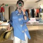 Striped Frog-button Long-sleeve Shirt As Figure - One Size