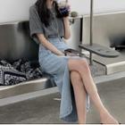 Set: Short-sleeve Lettering T-shirt + Side-slit Denim Midi Pencil Skirt