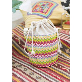 Drawstring Chevron Straw Bucket Bag