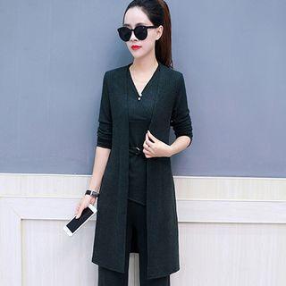 Set: Sleeveless V-neck Knit Top + Wide-leg Pants + Long Cardigan