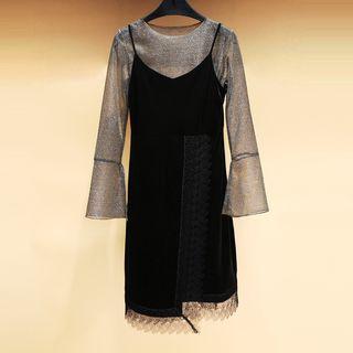 Set: Long Sleeve Mesh Top + Velvet Spaghetti Strap Dress
