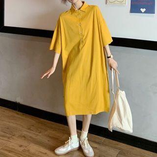 Elbow-sleeve Collar Midi T-shirt Dress