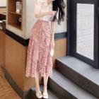 Short-sleeve Blouse / Floral Midi A-line Skirt / Set
