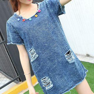Rhinestone Distressed Denim Short Sleeve Dress