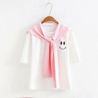 Mock Two-piece Smiley Face Print Short-sleeve T-shirt