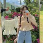 Puff-sleeve Square-neck Floral Shirred Ruffle Crop Top