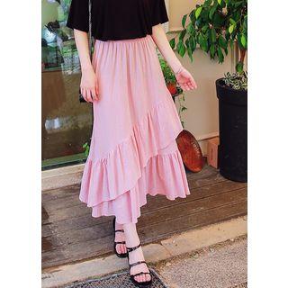 Band-waist Frilled Long Skirt