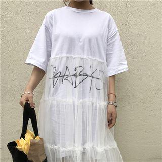 Lettering Mesh Overlay 3/4 Sleeve Dress