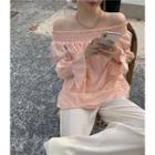 Off-shoulder Shirred Plain Blouse / High-waist Plain Wide-leg Pants