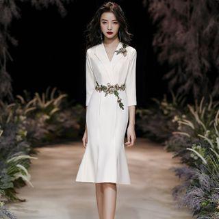 3/4-sleeve Embroidered Midi Mermaid Dress
