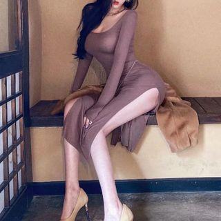 Long-sleeve Side-slit Midi T-shirt Dress