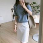 Crew-neck Short-sleeve Knit Top / Front Slit Pencil Skirt / Set: Crew-neck Short-sleeve Knit Top + Front Slit Pencil Skirt