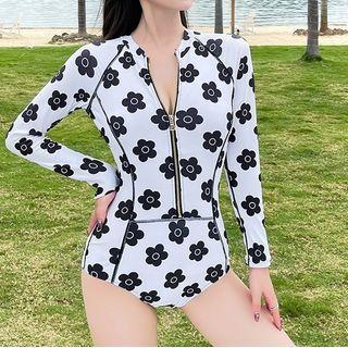 Long-sleeve Half-zip Floral Swimsuit