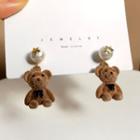 Bear Faux Pearl Dangle Earring 1 Pair - S925 Silver Needle - Bear Stud Earrings - Brown - One Size