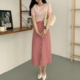 Short-sleeve Plain T-shirt / Button-up Midi Pencil Skirt