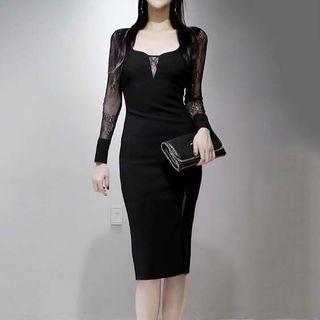 Long-sleeve Paneled Slit-back Dress