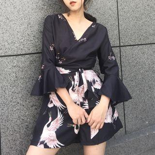Printed Bell 3/4 Sleeve Wide-leg Playsuit