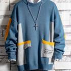 Front Pocket Color Block Round Neck Sweater
