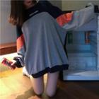 Lettering Color-block Long-sleeve Loose-fit Pullover Gray - One Size