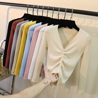 Cropped V-neck Drawstring Knit Top