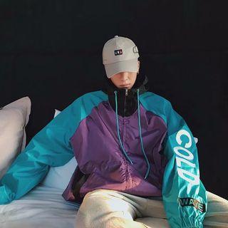 Lettering Color Block Zip Hooded Jacket